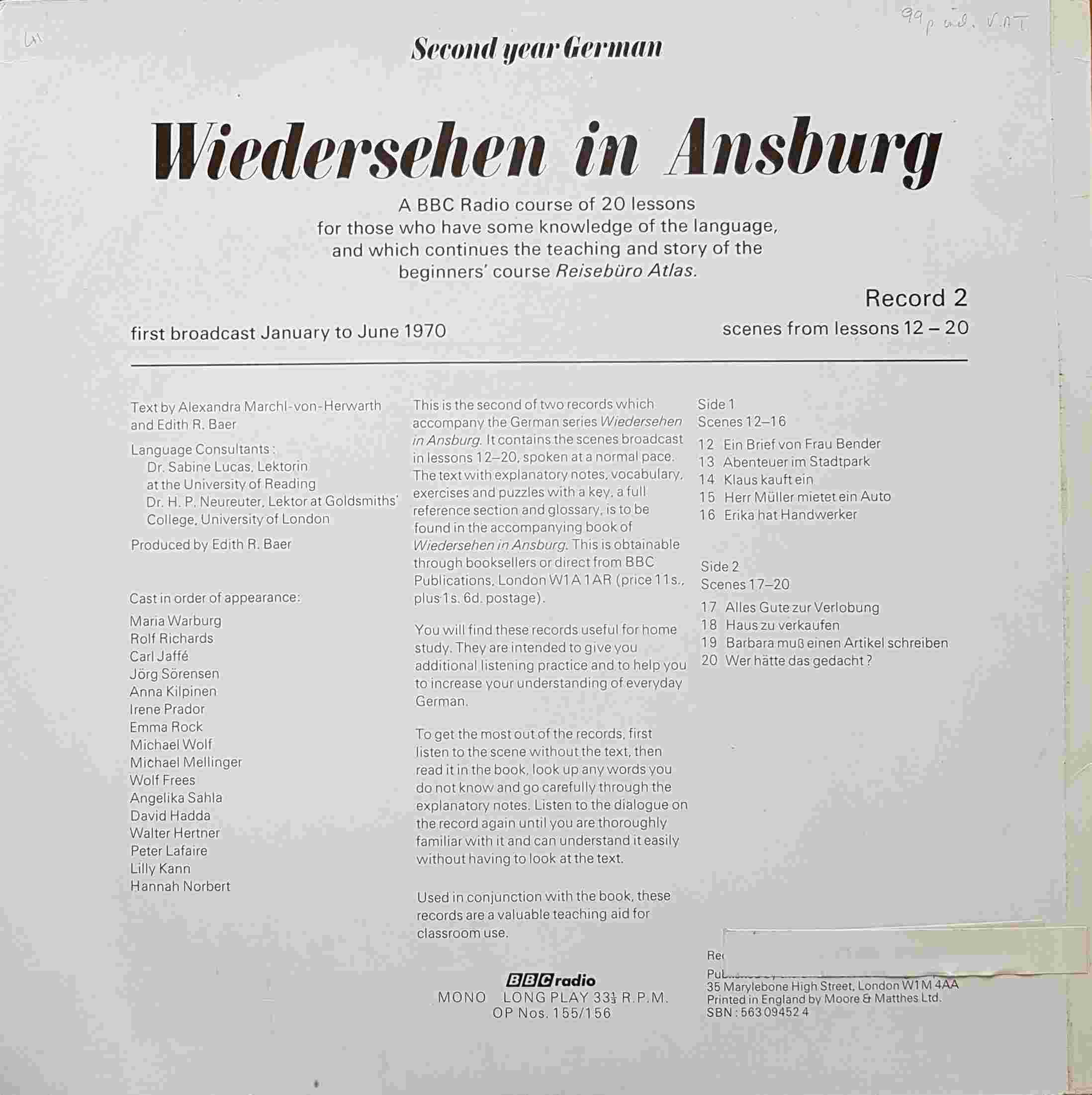 Picture of OP 155/156 Wiedersehen in Ansburg - A BBC radio course for those with some knowledge of German - Record 2 - Lessons 12 - 20 by artist Alexandra Marchl-von-Herwarth / Edith R. Baer from the BBC records and Tapes library